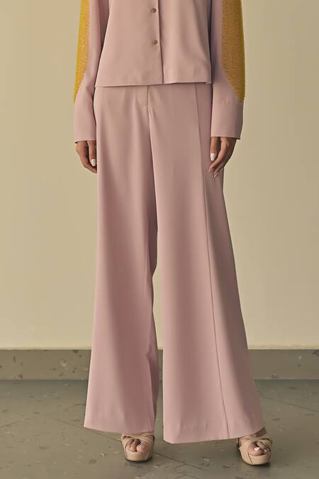 Buy_Somya Goyal_Pink 95% Microfiber Faille Parallel Trousers_Online_at_Aza_Fashions