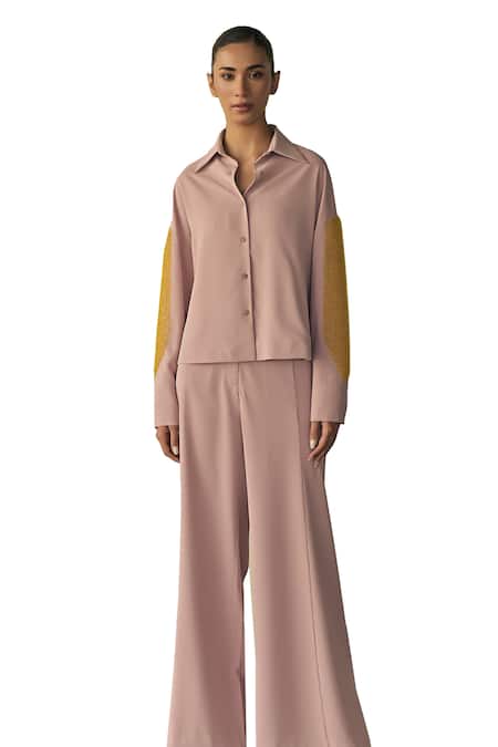 Shop_Somya Goyal_Pink 95% Microfiber Faille Parallel Trousers_Online_at_Aza_Fashions