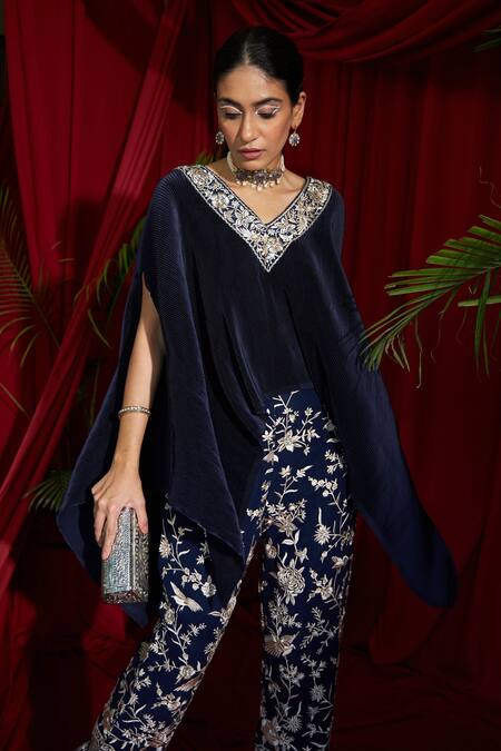 Shop Tasuvure Indes Blue Silk, Georgette Embroidery Reyna Cape And Pant Set at Aza Fashions Shop_Tasuvure Indes_Blue Silk, Georgette Embroidery Reyna Cape And Pant Set_at_Aza_Fashions