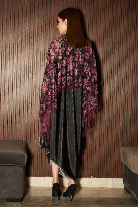 Shop Tasuvure Indes Black Velvet, Organza One Shoulder Slip Dress And Floral Fringe Cape at Aza Fashions Shop_Tasuvure Indes_Black Velvet, Organza One Shoulder Slip Dress And Floral Fringe Cape _at_Aza_Fashions