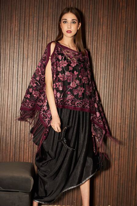 Tasuvure Indes Black Velvet, Organza One Shoulder Slip Dress And Floral Fringe Cape Online at Aza Fashions Tasuvure Indes_Black Velvet, Organza One Shoulder Slip Dress And Floral Fringe Cape _Online_at_Aza_Fashions
