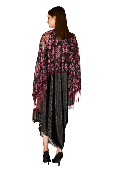 Buy Tasuvure Indes Black Velvet, Organza One Shoulder Slip Dress And Floral Fringe Cape Online at Aza Fashions Buy_Tasuvure Indes_Black Velvet, Organza One Shoulder Slip Dress And Floral Fringe Cape _Online_at_Aza_Fashions