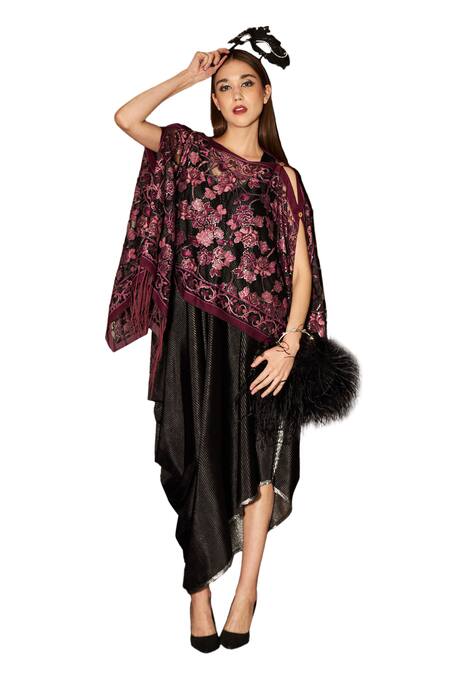 Shop Tasuvure Indes Black Velvet, Organza One Shoulder Slip Dress And Floral Fringe Cape Online at Aza Fashions Shop_Tasuvure Indes_Black Velvet, Organza One Shoulder Slip Dress And Floral Fringe Cape _Online_at_Aza_Fashions