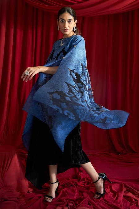Tasuvure Indes Blue Satin, Silk Round Neck Floral Cape And Slip Dress Set Online at Aza Fashions Tasuvure Indes_Blue Satin, Silk Round Neck Floral Cape And Slip Dress Set _Online_at_Aza_Fashions