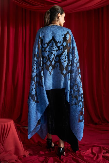 Shop Tasuvure Indes Blue Satin, Silk Round Neck Floral Cape And Slip Dress Set at Aza Fashions Shop_Tasuvure Indes_Blue Satin, Silk Round Neck Floral Cape And Slip Dress Set _at_Aza_Fashions