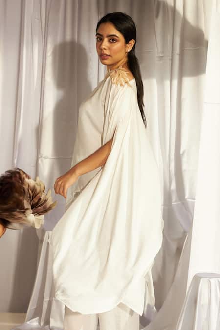 Tasuvure Indes White Silk Divine Fern Embroidered Cape Top With Pant Online at Aza Fashions Tasuvure Indes_White Silk Divine Fern Embroidered Cape Top With Pant _Online_at_Aza_Fashions