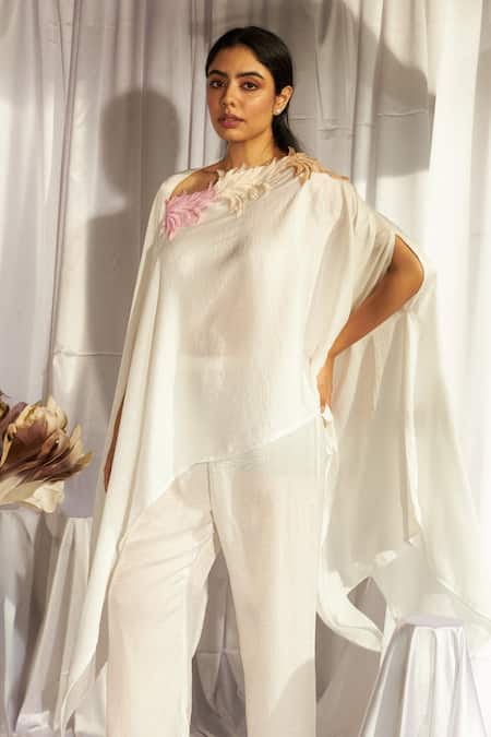 Buy Tasuvure Indes White Silk Divine Fern Embroidered Cape Top With Pant Online at Aza Fashions Buy_Tasuvure Indes_White Silk Divine Fern Embroidered Cape Top With Pant _Online_at_Aza_Fashions
