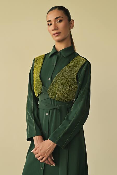 Shop_Somya Goyal_Green Tissue Collared Scrunched Sleeve Shirt Dress_Online_at_Aza_Fashions