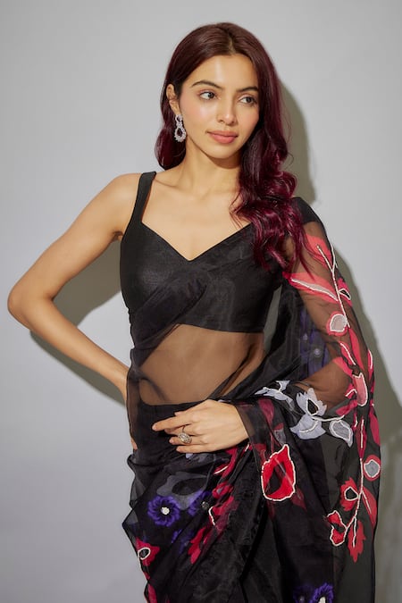 Krishna Padia_Black Silk, Organza Embroidery, Beads Floral Print Pre-draped Saree With Blouse _Online_at_Aza_Fashions