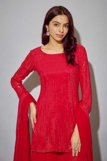 Buy_Krishna Padia_Red Georgette Sequins Round Neck Work Kurta Sharara Set_Online_at_Aza_Fashions