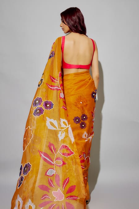 Shop Krishna Padia Yellow Organza, Silk Embroidery, Beads Flower Print Pre-draped Saree With Blouse at Aza Fashions Shop_Krishna Padia_Yellow Organza, Silk Embroidery, Beads Flower Print Pre-draped Saree With Blouse _at_Aza_Fashions
