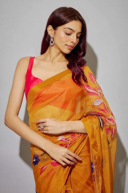 Krishna Padia Yellow Organza, Silk Embroidery, Beads Flower Print Pre-draped Saree With Blouse Online at Aza Fashions Krishna Padia_Yellow Organza, Silk Embroidery, Beads Flower Print Pre-draped Saree With Blouse _Online_at_Aza_Fashions