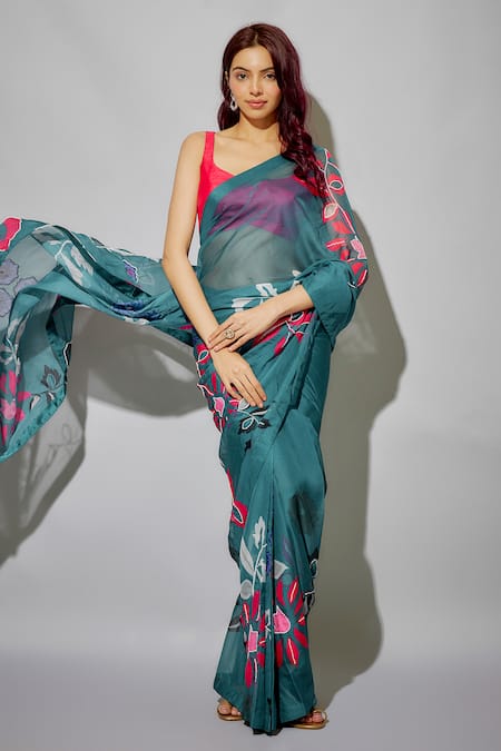 wildflower by krishna Botanical Print Pre-Draped Saree With Blouse 