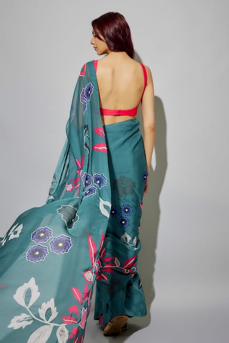 Shop Krishna Padia Blue Silk, Organza Beads Sweetheart Botanical Print Pre-draped Saree With Blouse at Aza Fashions Shop_Krishna Padia_Blue Silk, Organza Beads Sweetheart Botanical Print Pre-draped Saree With Blouse _at_Aza_Fashions