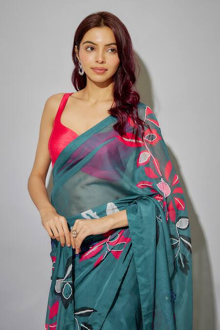 Krishna Padia Blue Silk, Organza Beads Sweetheart Botanical Print Pre-draped Saree With Blouse Online at Aza Fashions Krishna Padia_Blue Silk, Organza Beads Sweetheart Botanical Print Pre-draped Saree With Blouse _Online_at_Aza_Fashions