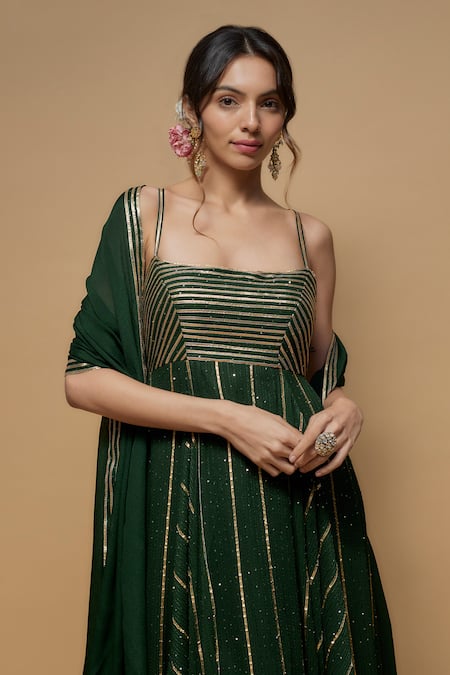 Shop_Krishna Padia_Green Georgette, Lycra Gota Patti, Sequins Square And Embroidered Anarkali Set_Online_at_Aza_Fashions