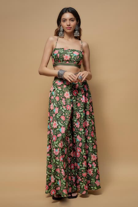 wildflower by krishna Green French Crepe Print Gardenia Square Neck Bustier With Flared Pant