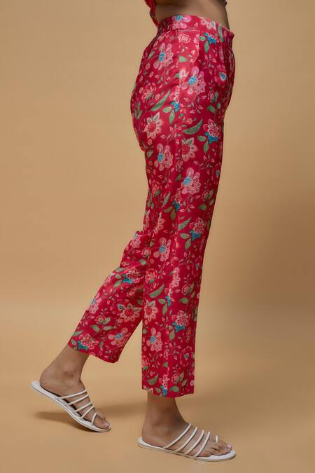 Krishna Padia_Pink Crepe Collared Floral Print Shirt With Pant _Online_at_Aza_Fashions
