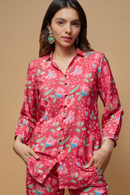 Buy_Krishna Padia_Pink Crepe Collared Floral Print Shirt With Pant _Online_at_Aza_Fashions