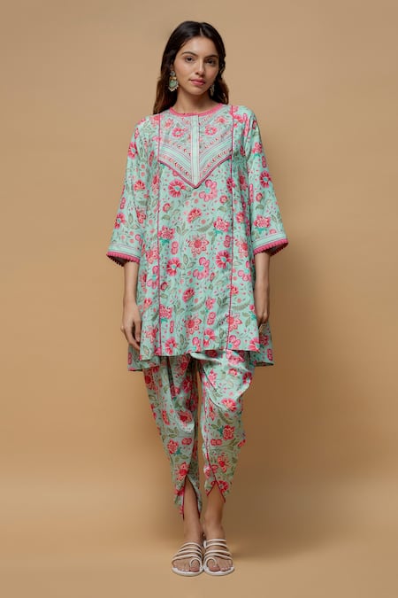 wildflower by krishna Blue French Crepe Print Mughal Bloom Round Neck Kurta With Dhoti Pant 