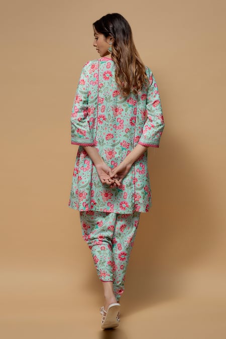 Shop Krishna Padia Blue Crepe Round Neck Mughal Bloom Print Kurta With Dhoti Pant at Aza Fashions Shop_Krishna Padia_Blue Crepe Round Neck Mughal Bloom Print Kurta With Dhoti Pant _at_Aza_Fashions