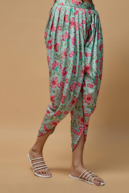 Krishna Padia Blue Crepe Round Neck Mughal Bloom Print Kurta With Dhoti Pant Online at Aza Fashions Krishna Padia_Blue Crepe Round Neck Mughal Bloom Print Kurta With Dhoti Pant _Online_at_Aza_Fashions