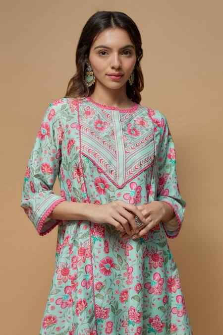 Buy Krishna Padia Blue Crepe Round Neck Mughal Bloom Print Kurta With Dhoti Pant Online at Aza Fashions Buy_Krishna Padia_Blue Crepe Round Neck Mughal Bloom Print Kurta With Dhoti Pant _Online_at_Aza_Fashions