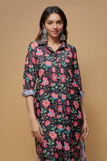 Buy_Krishna Padia_Black Crepe Collared Midnight Bloom Print Kurta With Pant _Online_at_Aza_Fashions
