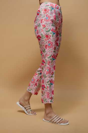 Krishna Padia_Pink Crepe V-neck Flora Print High Low Kurta With Pant _Online_at_Aza_Fashions