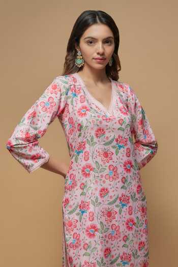 Buy_Krishna Padia_Pink Crepe V-neck Flora Print High Low Kurta With Pant _Online_at_Aza_Fashions