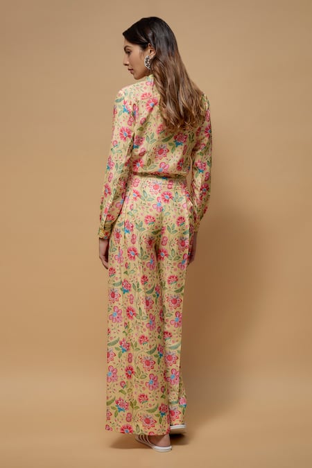 Shop Krishna Padia Yellow Crepe Embroidery Collared Florence Print Shirt With Pant at Aza Fashions Shop_Krishna Padia_Yellow Crepe Embroidery Collared Florence Print Shirt With Pant _at_Aza_Fashions