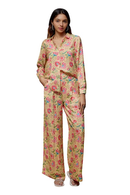 Krishna Padia Yellow Crepe Embroidery Collared Florence Print Shirt With Pant Online at Aza Fashions Krishna Padia_Yellow Crepe Embroidery Collared Florence Print Shirt With Pant _Online_at_Aza_Fashions