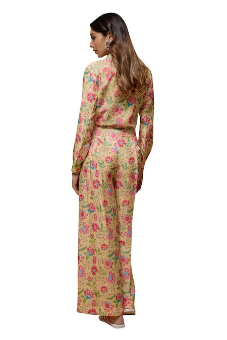 Buy Krishna Padia Yellow Crepe Embroidery Collared Florence Print Shirt With Pant Online at Aza Fashions Buy_Krishna Padia_Yellow Crepe Embroidery Collared Florence Print Shirt With Pant _Online_at_Aza_Fashions