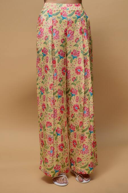 Shop Krishna Padia Yellow Crepe Embroidery Collared Florence Print Shirt With Pant Online at Aza Fashions Shop_Krishna Padia_Yellow Crepe Embroidery Collared Florence Print Shirt With Pant _Online_at_Aza_Fashions