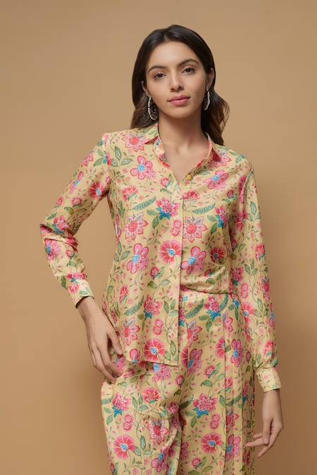 Krishna Padia Yellow Crepe Embroidery Collared Florence Print Shirt With Pant at Aza Fashions Krishna Padia_Yellow Crepe Embroidery Collared Florence Print Shirt With Pant _at_Aza_Fashions