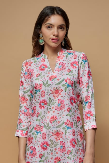 Buy Krishna Padia White Crepe Collared Gul Print Kurta With Pant Online at Aza Fashions Buy_Krishna Padia_White Crepe Collared Gul Print Kurta With Pant _Online_at_Aza_Fashions