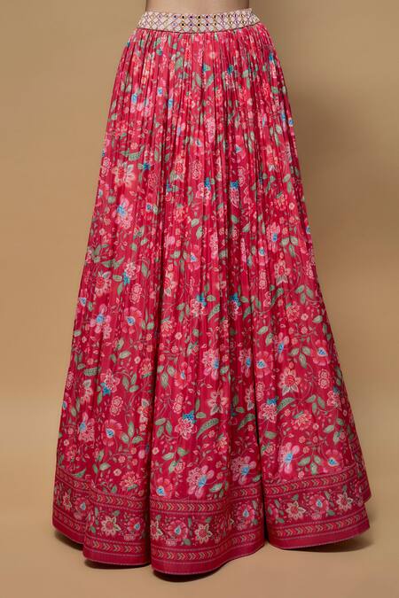 Krishna Padia_Pink Crepe Mirrors, Embroidery Sweetheart Neck Gullista Print Lehenga Set _Online_at_Aza_Fashions