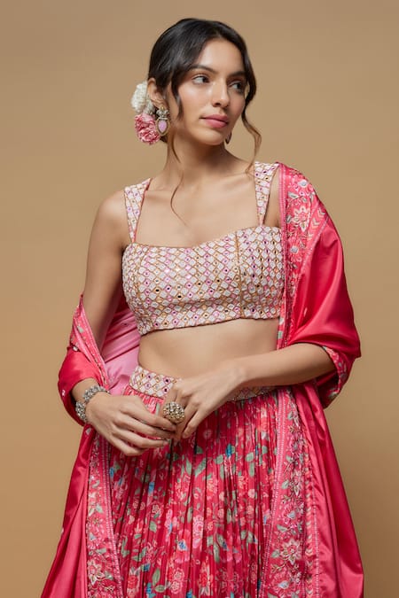 Buy_Krishna Padia_Pink Crepe Mirrors, Embroidery Sweetheart Neck Gullista Print Lehenga Set _Online_at_Aza_Fashions