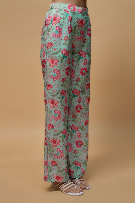 Krishna Padia_Blue Crepe Embroidery Collared Phool Bagh Print Top Pant Set _Online_at_Aza_Fashions