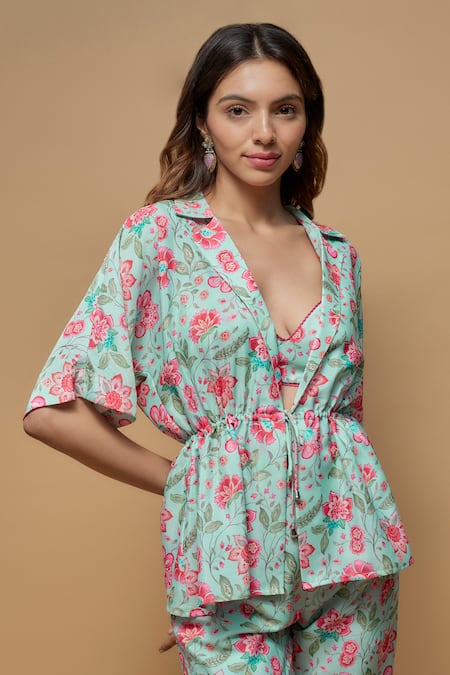 Buy_Krishna Padia_Blue Crepe Embroidery Collared Phool Bagh Print Top Pant Set _Online_at_Aza_Fashions