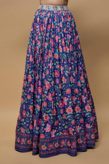 Krishna Padia Blue Crepe Mirrors Square Neck Midnight Flora Print Lehenga Set Online at Aza Fashions Krishna Padia_Blue Crepe Mirrors Square Neck Midnight Flora Print Lehenga Set _Online_at_Aza_Fashions