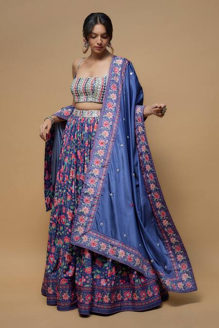 Buy Krishna Padia Blue Crepe Mirrors Square Neck Midnight Flora Print Lehenga Set Online at Aza Fashions Buy_Krishna Padia_Blue Crepe Mirrors Square Neck Midnight Flora Print Lehenga Set _Online_at_Aza_Fashions