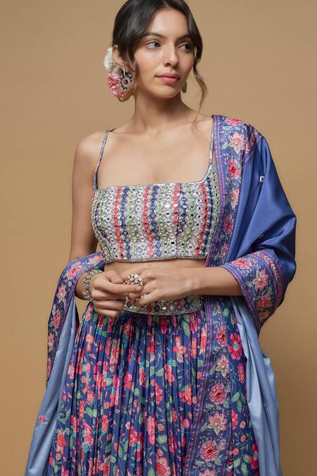 Shop Krishna Padia Blue Crepe Mirrors Square Neck Midnight Flora Print Lehenga Set Online at Aza Fashions Shop_Krishna Padia_Blue Crepe Mirrors Square Neck Midnight Flora Print Lehenga Set _Online_at_Aza_Fashions