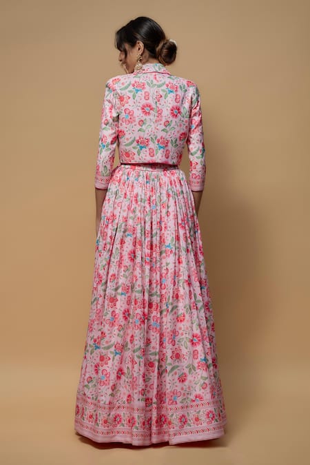 Shop Krishna Padia Pink Crepe Collared Wildblossom Print Jacket Lehenga Set at Aza Fashions Shop_Krishna Padia_Pink Crepe Collared Wildblossom Print Jacket Lehenga Set _at_Aza_Fashions