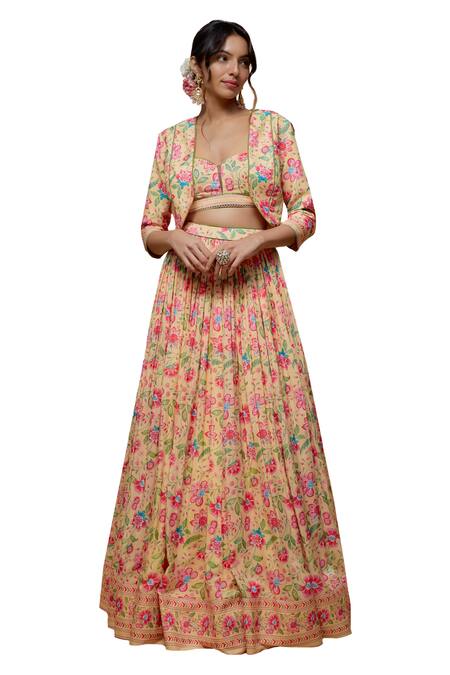 Krishna Padia_Yellow Crepe Embroidery Sweetheart Neck, Round Bloom Print Jacket Lehenga Set _Online_at_Aza_Fashions