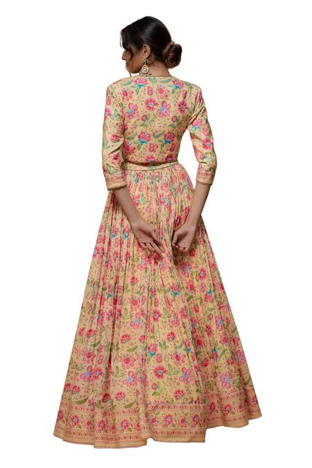 Buy_Krishna Padia_Yellow Crepe Embroidery Sweetheart Neck, Round Bloom Print Jacket Lehenga Set _Online_at_Aza_Fashions