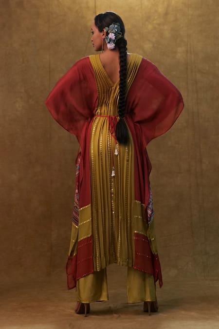 Shop Merge Design Red Georgette, Modal Sequins, Stones V-neck And Work Embellished Kaftan Pant Set at Aza Fashions Shop_Merge Design_Red Georgette, Modal Sequins, Stones V-neck And Work Embellished Kaftan Pant Set _at_Aza_Fashions