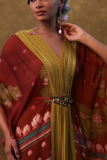 Merge Design Red Georgette, Modal Sequins, Stones V-neck And Work Embellished Kaftan Pant Set Online at Aza Fashions Merge Design_Red Georgette, Modal Sequins, Stones V-neck And Work Embellished Kaftan Pant Set _Online_at_Aza_Fashions