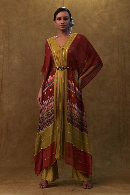 Shop Merge Design Red Georgette, Modal Sequins, Stones V-neck And Work Embellished Kaftan Pant Set Online at Aza Fashions Shop_Merge Design_Red Georgette, Modal Sequins, Stones V-neck And Work Embellished Kaftan Pant Set _Online_at_Aza_Fashions