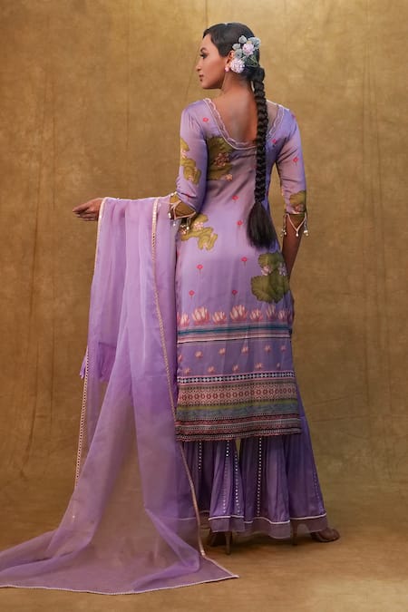 Shop Merge Design Purple Silk, Organza, Modal Sequins, Stones, Embellished Kurta Sharara Set at Aza Fashions Shop_Merge Design_Purple Silk, Organza, Modal Sequins, Stones, Embellished Kurta Sharara Set _at_Aza_Fashions